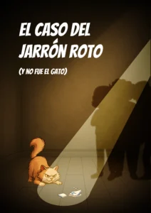 Portada ilustrada del primer escape room online casero: El caso del jarrón roto. Un juego imprimible con historia, pistas y decisiones, para jugar desde casa con un toque digital.