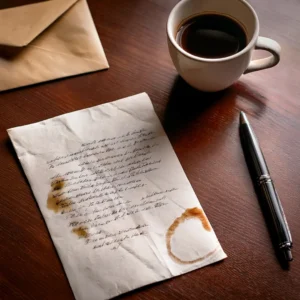 Carta escrita a mano con manchas de café sobre una mesa, junto a una taza y un bolígrafo. Representa una pista misteriosa dentro de un escape room casero con ambientación realista.