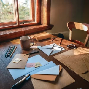 Persona preparando pruebas con papel, tijeras, sobres y notas escritas a mano sobre una mesa. Ambiente casero, creativo y realista.