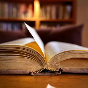 Primer plano de un libro abierto con una hoja suelta saliendo entre sus páginas. Fondo cálido con estantería desenfocada. Representa una pista oculta.