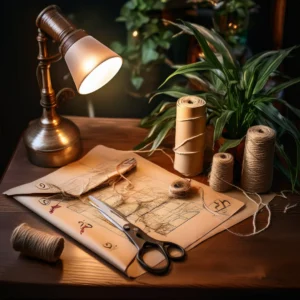 Escritorio iluminado con un mapa enrollado, tijeras, rollos de cuerda y una lámpara encendida. Escena que representa la preparación casera de un escape room en casa con materiales sencillos.